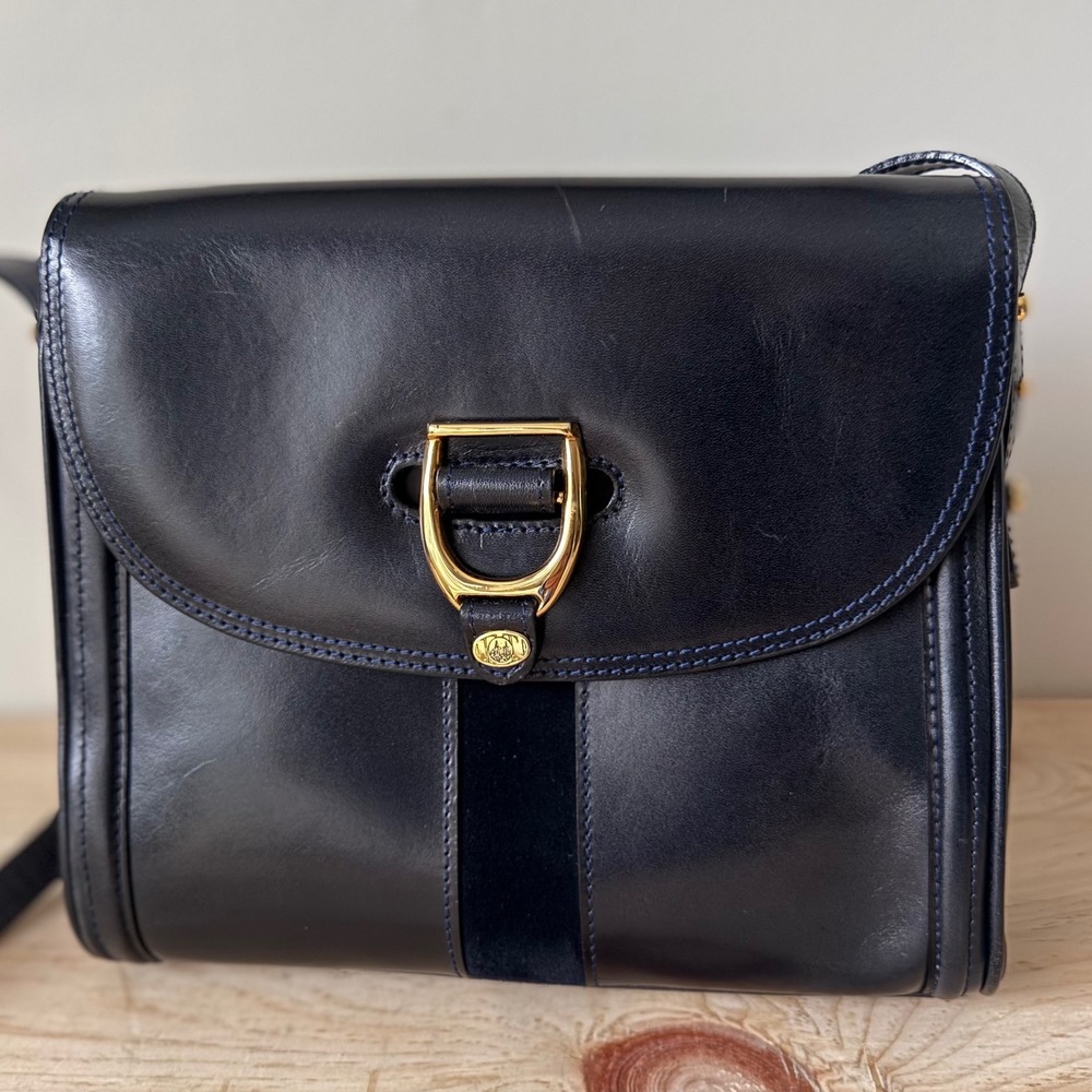 Vtg Umberto Florence Leather Italian Equestrian Shoulder Bag Gold Stirrup Detail